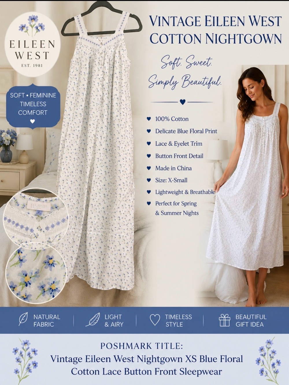 Eileen West White Nightgown with Blue Floral Print ballet length size extra smal